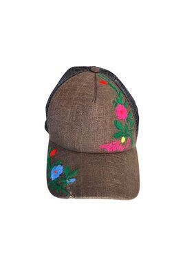 Prana Womens Snapback Baseball Cap Embroidered Flowers Mesh Net